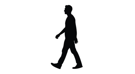 Silhouette of a person walking, isolated on a white background, representing movement and action