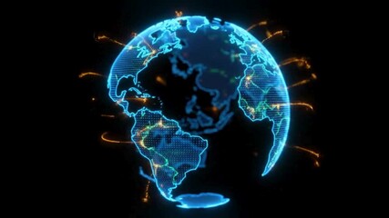 Neon wire frame holographic planet earth globe revolving on black background - Powered by Adobe