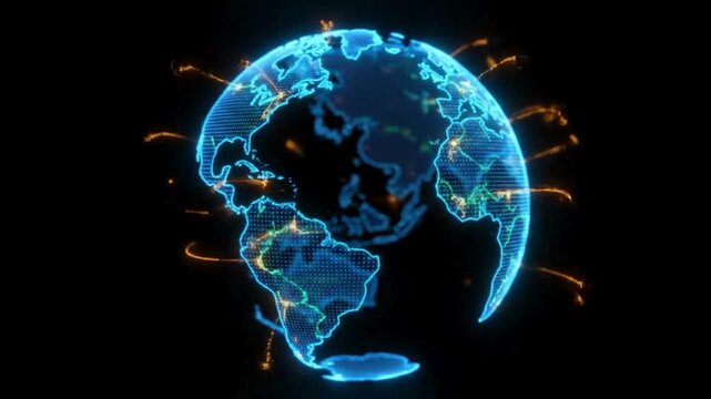 Neon wire frame holographic planet earth globe revolving on black background