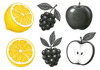 Collection of fresh fruits including lemons blackberries and apples in a vintage illustration style