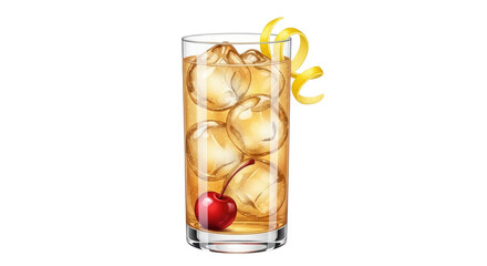 Isolated cocktail in a highball glass with ice cubes, cherry, and lemon twist garnish