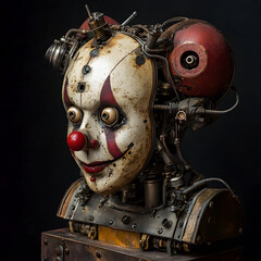 Fototapeta premium Steampunk robotic clown head with gears and rusted machinery