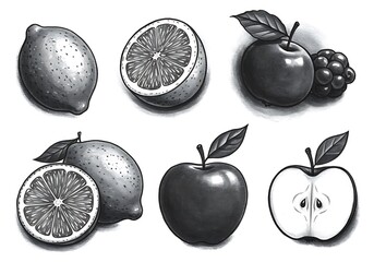 Black and white illustration of fresh lemons and apples with a blackberry