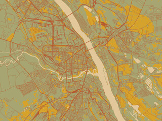 Contemporary flat map of Yaroslavl, Russian Federation design with sage green ground with rust-red roads and ochre accents.