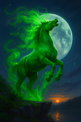 月をバックにいななく馬