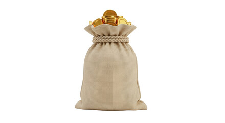 Isolated bag of gold coins, treasure sack or pouch full of money, wealth, prosperity, and fortune