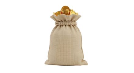 Isolated bag of gold coins, treasure sack or pouch full of money, wealth, prosperity, and fortune