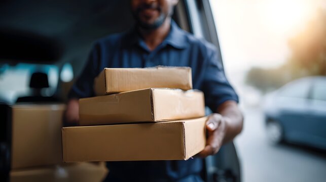 Delivery person hands over stack of cardboard packages from vehicle