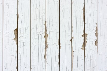 Weathered white wooden planks with cracked paint texture in rustic style for interior design or background use