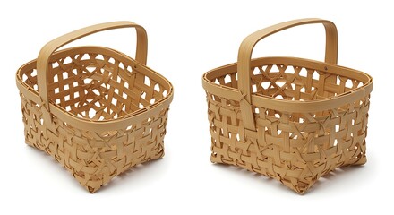 Two woven baskets with handles on white background