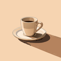 Obraz premium Hand-Drawn Single Ceramic Coffee Cup and Saucer with Long Shadow on a Neutral Background