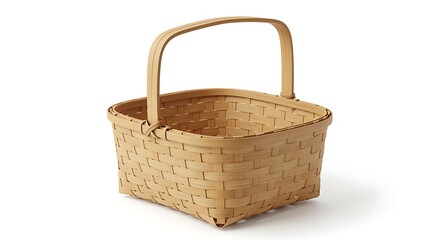Simple woven birch bark basket with handle on white background
