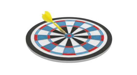 Isolated dartboard with yellow dart hitting bullseye, achievement and success symbol