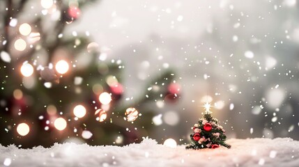 Original Christmas background with snowflakes, evergreen trees, red berries, golden lights, and a cozy fireplace. Features festive elements like wrapped gifts, candy canes, pine branches