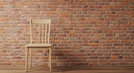 Simple wooden chair against a rustic brick wall background