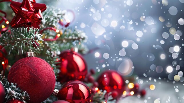 Original Christmas background with snowflakes, evergreen trees, red berries, golden lights, and a cozy fireplace. Features festive elements like wrapped gifts, candy canes, pine branches