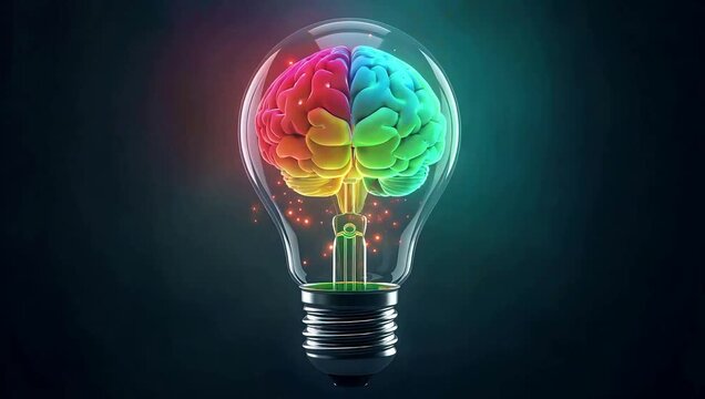 Vibrant brain inside lightbulb sparking with creativity and innovative ideas, perfect for marketing campaigns about intelligence and learning