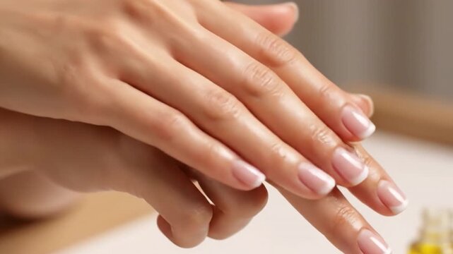 Nourishing oil applied to hands enhances moisturizing skincare routine, showcasing beauty and elegance of well groomed nails while promoting relaxation and self care for ultimate wellness