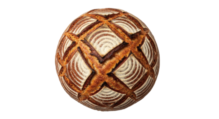 Isolated loaf of crusty sourdough bread with decorative scoring pattern, perfect for menus