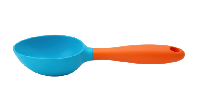 Isolated vibrant turquoise blue scoop with orange handle for measuring ingredients
