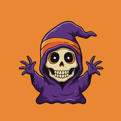 Cute Cartoon Skeleton Character in Purple Hooded Robe and Pointed Hat