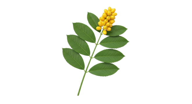 Isolated branch of mahonia aquifolium, oregon grape, with yellow berries, autumn harvest