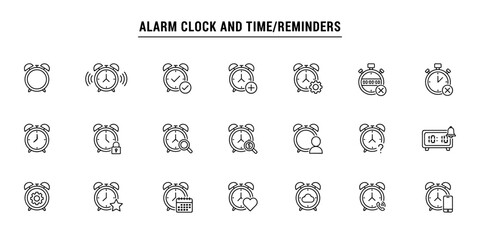 Set of line style icons for alarm clocks and time reminders