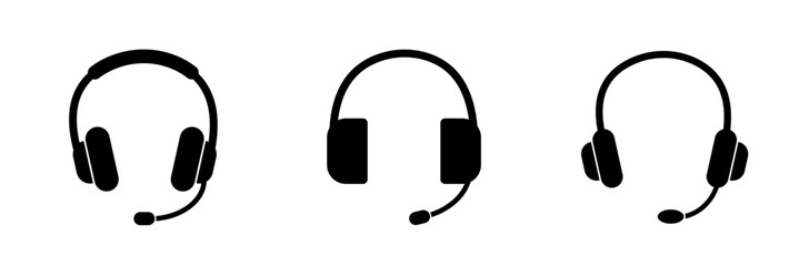 Headphones icon. Black headphones icon collection. Set of music headphones icons. headphone with microphone.  Vector headphone icons