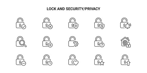 Set of black and white line icons for security and privacy