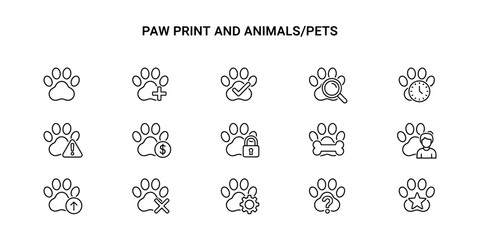 Set of Paw Print and Animals/Pets Line Art Icons