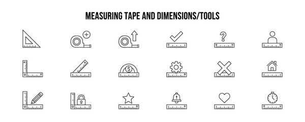 Set of black line icons measuring tools and dimensions