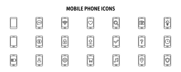 Set of outlined mobile phone icons in line style