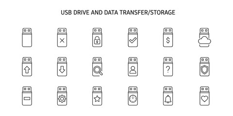 Set of minimalist USB drive icons for data transfer and storage in line style