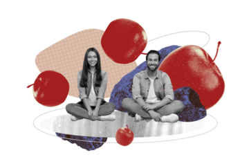 Composite photo collage of two happy girl guy sit together red apple juice vitamin organic food detox diet isolated on painted background