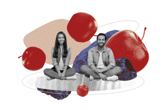 Composite photo collage of two happy girl guy sit together red apple juice vitamin organic food detox diet isolated on painted background - Powered by Adobe