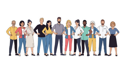 Obraz premium A diverse and inclusive group of men and women from various backgrounds standing united, symbolizing teamwork, collaboration, and community spirit