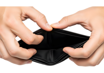 Empty Wallet: Financial Hardship Concept, Open Leather Wallet, Hands Displaying Poverty, Black Background, Recession Struggles, Economic Downturn, No Money