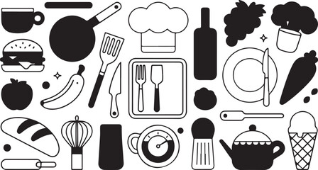 Black and white kitchen and food icons collage cooking