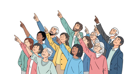 Illustration of a diverse group of people looking and pointing upwards together towards a common vision or goal