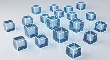 Array of translucent blue cubes with glowing edges and internal particles on a light 2025-2026 Full HD 4K Technology Background Icon Download background