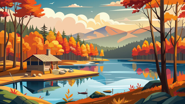 Very beautiful autumn lake view at Umstead State Park, North Carolina, surrounded by colorful trees, calm reflections on the water, golden foliage, peaceful landscape, and serene natural atmosphere.