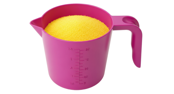 Isolated pink measuring cup filled with yellow granules, kitchen tool for precise dosage