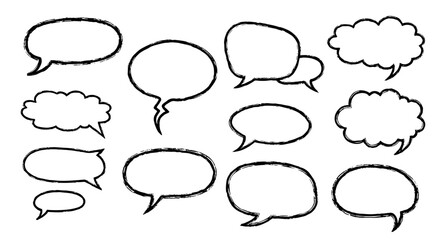 Fototapeta premium A collection of hand drawn speech bubbles and thought clouds in various shapes and sizes on a white background.