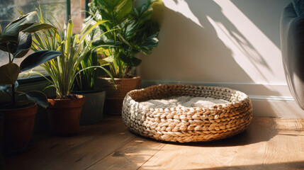 A sunlit woven cat bed on the floor of an apartment is surrounded by potted plants, creating a warm and peaceful atmosphere.