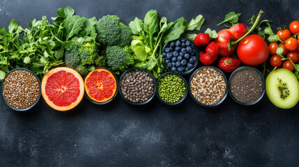 various fresh healthy products on grey table, top view. Healthy food clean eating