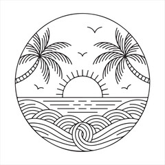 Tropical Island Beach with Palm Trees Sunset Vector Illustration