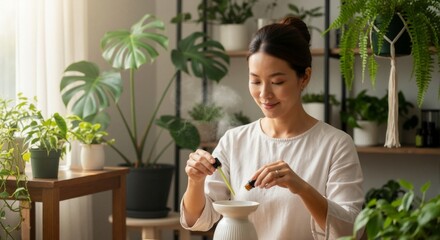 Asian woman adding essential oil to an aroma diffuser at home. Relaxing self-care routine with houseplants in a cozy interior. Natural wellness and aromatherapy concept