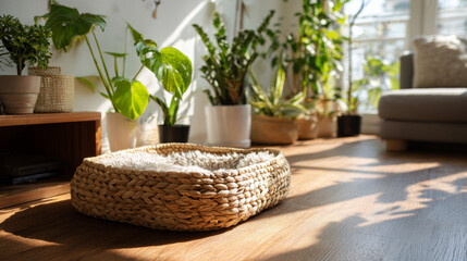 A sunlit woven cat bed on the floor of an apartment is surrounded by potted plants, creating a warm and peaceful atmosphere.