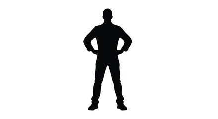 Silhouette of a man standing confidently with hands on hips, isolated on white background