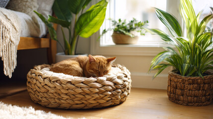 A sunlit woven cat bed on the floor of an apartment is surrounded by potted plants, creating a warm and peaceful atmosphere.